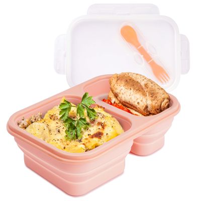 Good price 2 Compartments Collapsible Lunch Containers With Lid Lunchbox With Utensils Foldable Silicone Bento For Adults BPA Free online