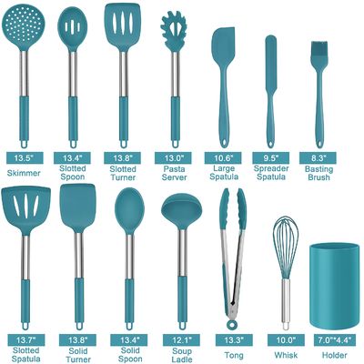 Harga yang bagus 14 Piece Kitchen Cooking Silicone Utensils Set with Stainless Steel Handle Kitchen Tools Set for Nonstick Cookware Alat dapur yang tidak menempel on line