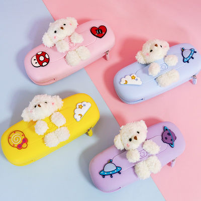 Harga yang bagus Cute Bear tahan lama Silicone Pensil Tas Pemegang Untuk Perlengkapan Sekolah Natal Hadiah Pensil Kantong Tas Pensil Pemegang Anak Hadiah on line