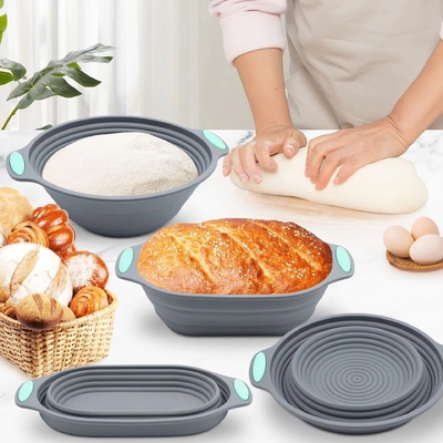 Premium Silicone Sourdough Bread Proofing & Baking Basket Set - Includes Oval & Round Foldable Bowls (9.5 Inch) - Oven & Dishwasher Safe, Gifts For Artisan Bakers